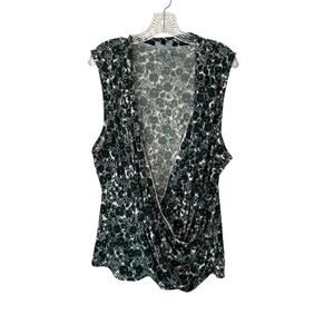 Eloquii Green White Plus Floral Print Work Office Faux Wrap Blouse Size 22/24
